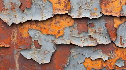 Closeup of rusty metal surface with peeling paint, showing detailed texture and layers of corrosion.