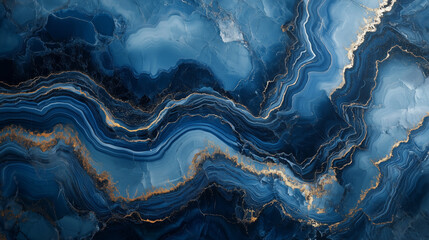 Closeup of abstract blue marble with gold veins, showing intricate patterns and luxurious texture.