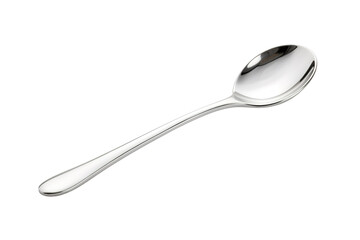 Elegant Silver Spoon Resting On White Background Showcasing Its Shiny Surface and Smooth Curves on Transparent PNG Background.