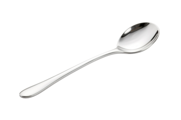 Elegant Silver Spoon Resting On White Background Showcasing Its Shiny Surface and Smooth Curves on Transparent PNG Background.