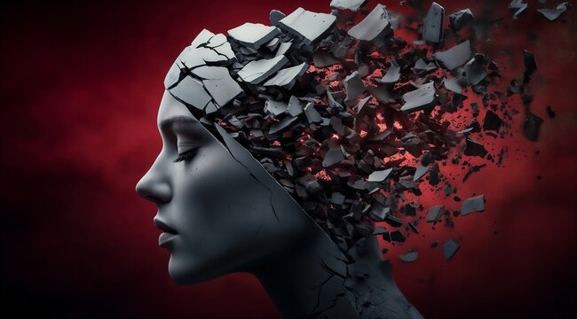 Abstract Digital Art of Woman's Face Shattering in Dark Red Background