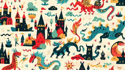 Obraz premium A vibrant fantasy world features whimsical castles and colorful dragons in a magical landscape