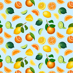 Colored background with citrus fruits.Vector seamless pattern with lemons, oranges and limes on a blue background.