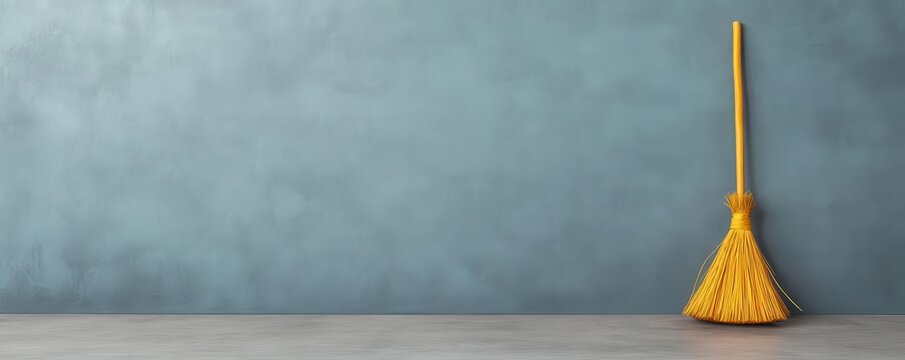 A witch s broomstick leaning against a blank sign, Halloween promotion, space for personalized message