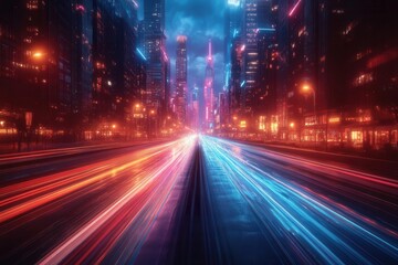 Obraz premium futuristic cyberpunk cityscape illuminated by vibrant neon beams highspeed light trails in blue pink and purple create a sense of motion and energy against a dark urban backdrop