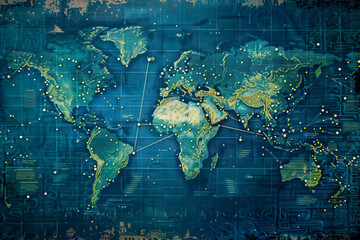 Futuristic World Map with Connected Dots and Lines Highlighting Global Networks and Data Points, Abstract Visualization in Blue and Green Tones