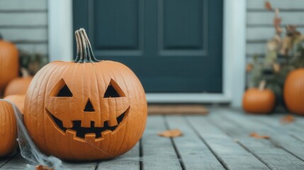 Blank sign on a haunted porch with cobwebs and pumpkins, Halloween promotion, customizable seasonal ad