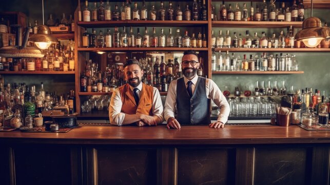 Two smiling bartenders behind the counter