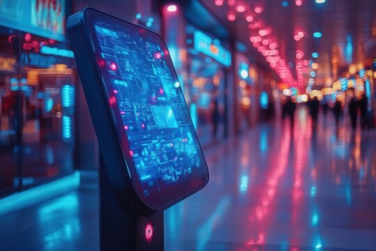 futuristic digital kiosk with holographic display sleek black design contrasting against blurred mall interior emanating cool blue light