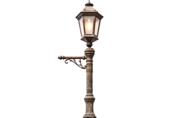 Charming Vintage Street Lamp Illuminating a Historic Cobblestone Pathway at Dusk on Transparent PNG Background.