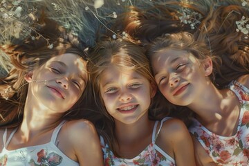 Fototapeta premium Three young girls relaxing in a grassy area