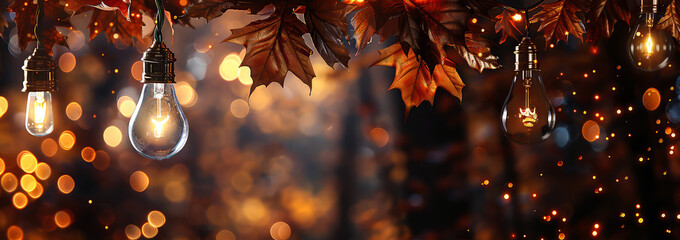 Glowing garlands, light bulbs, street lights, lantern on autumn nature background.Cozy fall ambience at the park. Mockup with colorful leaves,bokeh,lights, blurred background,copy space. Generative ai