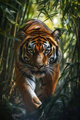 Fototapeta premium Stealthy Tiger in the Jungle - A powerful tiger moves stealthily through dense jungle foliage, its intense gaze focused ahead, embodying strength and grace.