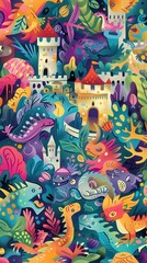 Fototapeta premium A vibrant landscape with whimsical creatures and a castle amidst colorful foliage and flowers