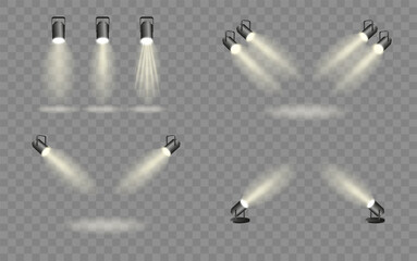 Spotlights set, stage and studio light, realistic hanging lamps. Spot lights and searchlights for concert. Vector