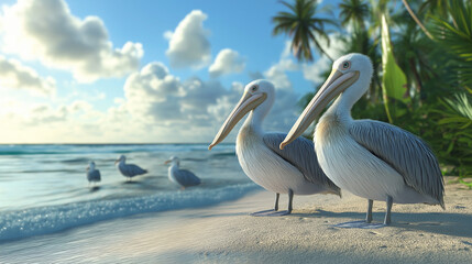 Birds like pelicans or seagulls by the ocean, with a tropical beach setting in the background