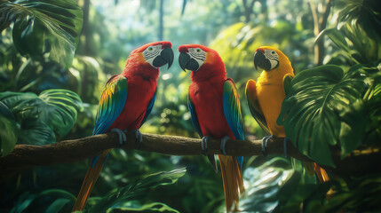 Brightly colored exotic birds such as parrots or toucans in a lush, green rainforest setting