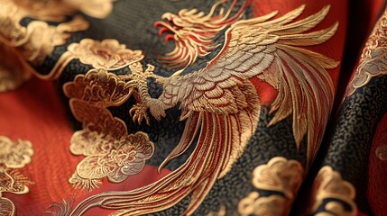 Fototapeta premium Closeup of gold phoenix embroidery on rich red and black fabric, showcasing detailed and ornate textile craftsmanship.