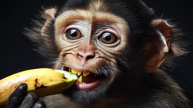 A portrait of a young bonobo eating a banana in a zoo setting