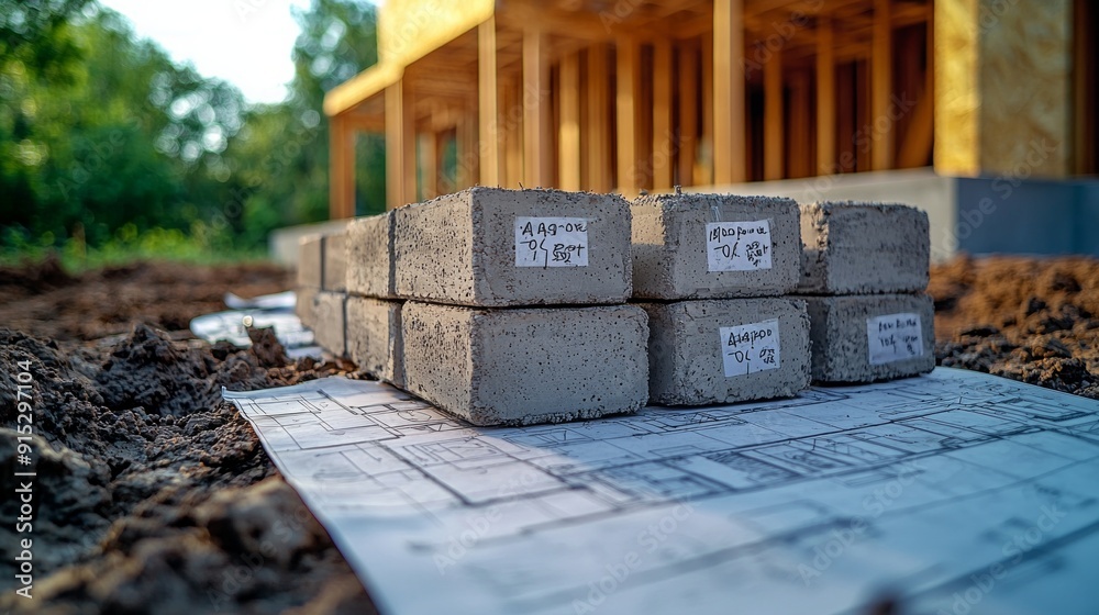 Wall mural stack of concrete foundation blocks with price tags attached. partially constructed foundation wall 