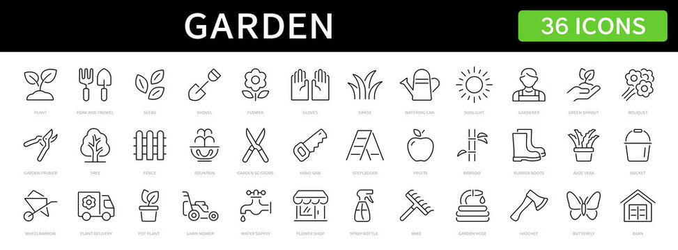 Garden thin line icons set. Gardening, plant, tree, flower, grass, fence editable stroke icon. Vector