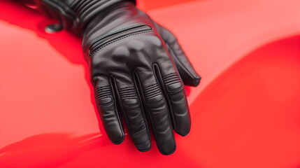 Close-Up of Black Leather Gloves on Red Shiny Surface, Fashion Accessories, Luxury Design, High-Contrast, Winter Wear, Chic Style