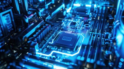 Circuit Board with Glowing Blue Lines