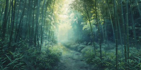 Fototapeta premium Bamboo forest in foggy morning