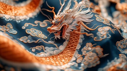 Naklejka premium Closeup of detailed dragon embroidery on blue silk fabric, showcasing intricate craftsmanship and luxurious design.