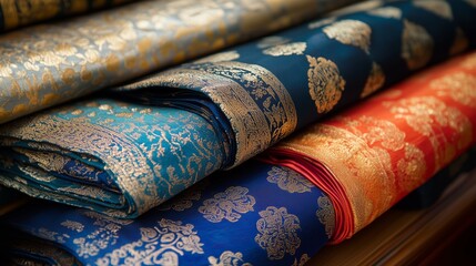 Intricately patterned fabric rolls in various colors, showcasing traditional designs and luxurious textures, perfect for crafts or decor.