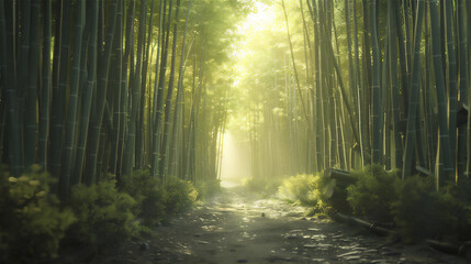 Obraz premium Bamboo forest in foggy morning with golden light