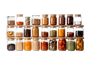 A Warmly Lit Kitchen Shelf Filled With Colorful Glass Jars of Dried Goods in Early Morning Light on Transparent PNG Background.