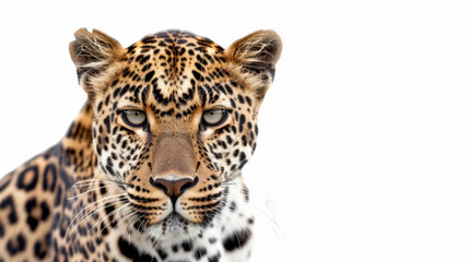 Obraz premium Close-up portrait of a leopard against a white background, highlighting its intense gaze and distinctive spots.