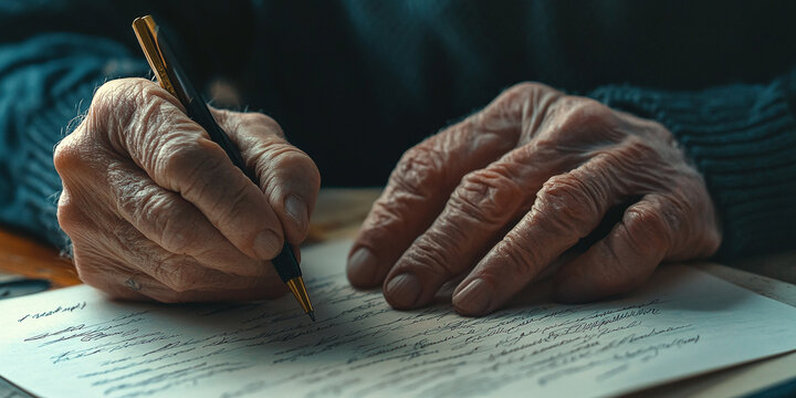 Close-up of an old man's hand studying and signing his last will and testament. Last will and testament concept