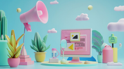 Whimsical digital marketing workspace with pastel colors, featuring a computer, microphone, megaphone, and various plants.