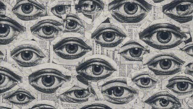 Collage with many human eyes, Abstract halftone background. vector illustration