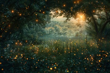 Naklejka premium Magical forest with glowing fireflies