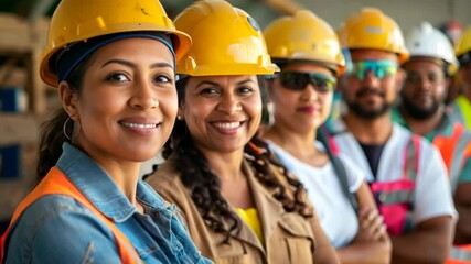 Group of diverse construction workers wearing safety helmets and smiling