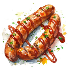 Currywurst : German sausage served with ketchup and curry powder, full body, isolate on white background, watercolor illustration.