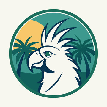 recommend clip art: circle cockatoo logo with palm trees behind under a strong line shape solid art vector