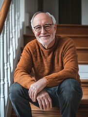 Fototapeta premium Older man sitting on a staircase, great for lifestyle or family scenes