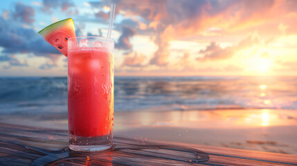 Obraz premium A photorealistic image of watermelon juice, bright and refreshing, served in a chilled glass with a straw, sitting on a wooden table with a summer beach background