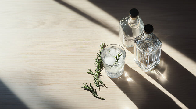 a botanical gin bottle alongside a tumbler filled with gin, rosemary, and ice cubes, on a light wooden table