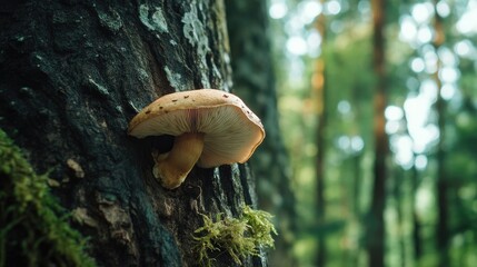 A close-up of a mushroom growing on a tree, representing the diversity of forest ecosystems.