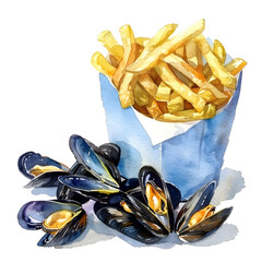 Moules Frites : Mussels served with French fries, Studio lighting, full body, isolate on white background, watercolor illustration.