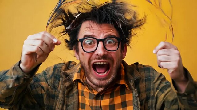 Frustrated man with messy hair pulling wires, shouting in anger on yellow background