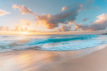 A tranquil beach at sunset, soft light rays breaking through colorful clouds, casting golden hues on gentle waves and pristine sand, creating a peaceful and rejuvenating mood