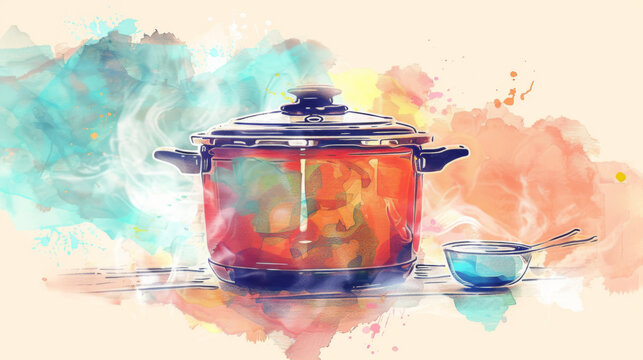 A steaming crockpot full of food, set against a vibrant, colorful background with a bowl and spoon beside it.