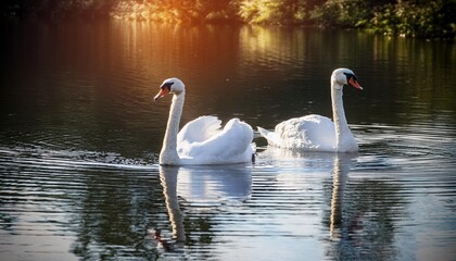 A pair of swans elegantly gliding across a serene lake.