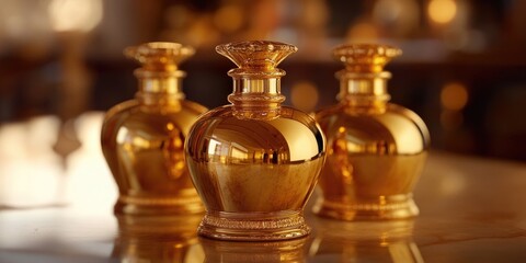 Three Golden Glass Bottles on Table